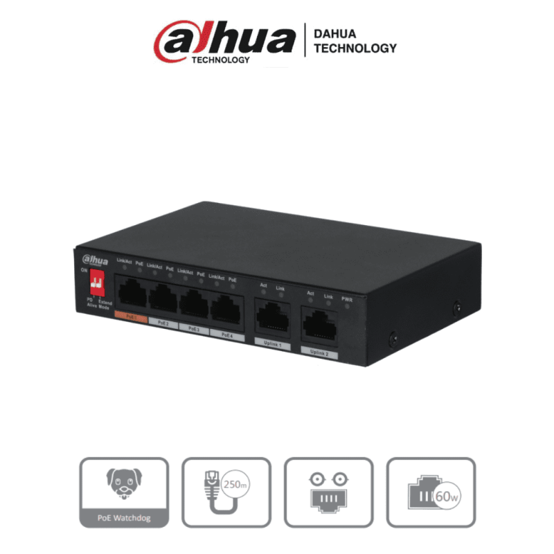 DAHUA PFS3006-4ET-60 - Switch PoE de 6 Puertos Fast Ethernet/ 4 Puertos