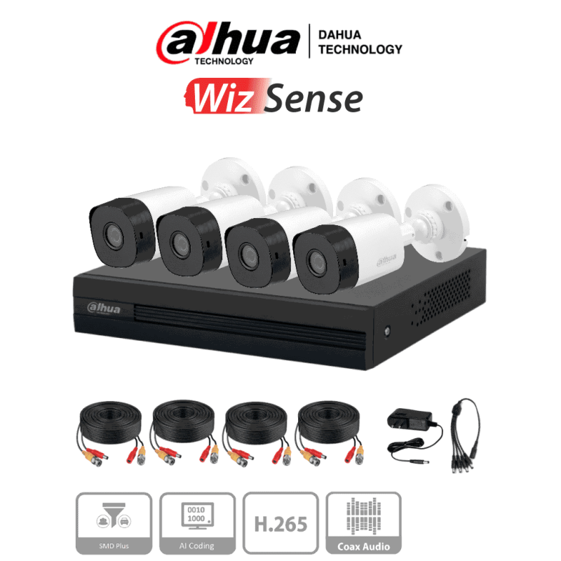 DAHUA KITXVR1B04-I1MP-2.8 - Kit de 4 canales con cámaras B1A11 de 1 mega