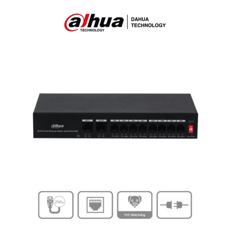 DAHUA PFS3010-8ET-65 - Switch Poe de 10 Puertos Fast Ethernet/ 8 Puertos