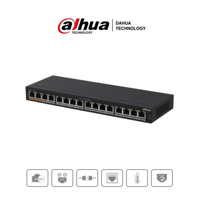 DAHUA DH-PFS3016-16GT-190 - Switch Poe Gigabit de 16 Puertos PoE Gigabit