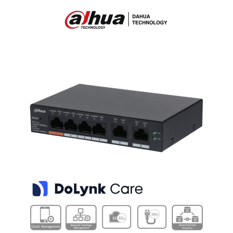 DAHUA CS4006-4GT-60 -  Switch PoE de 6 Puertos Gigabit/ 4 Puertos PoE 10